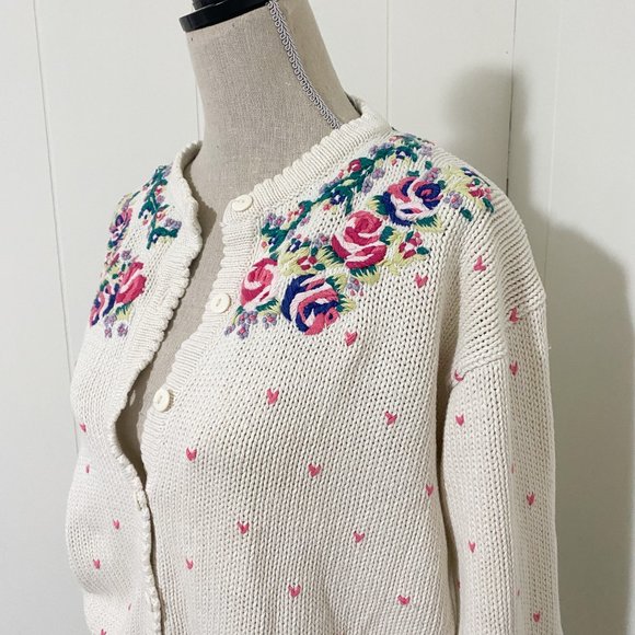 Vintage 80s/90s Cape Isle Knitters Floral Hand Embroidered Cardigan Size XS - Picture 3 of 10